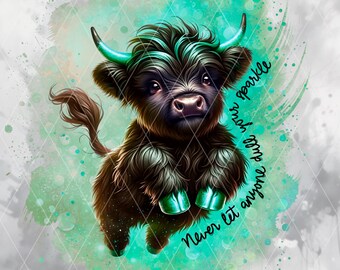 Vaca de las tierras altas PNG Clipart, Sublimación de vaca verde brillante, Descarga digital de toro de las tierras altas, Arte de animales de granja imprimible, Cita inspiradora PNG