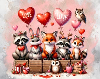Lindo conjunto de imágenes prediseñadas de animales del bosque para San Valentín, PNG y JPG transparentes (fondos en blanco y negro), 4000 px 300 DPI, animales del bosque imprimibles