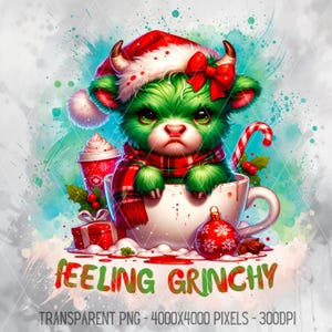 Christmas Highland Cow Clipart, 4000px 300dpi Transparent Background PNG, ‘Feeling Grinchy’ Holiday Art JPEG, Festive Digital Download