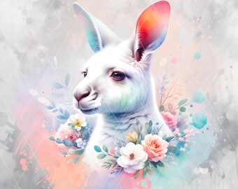 Pastel Kangaroo PNG, Adorable Kangaroo with Floral Accents JPG, Australian Animal Clipart, Watercolor Printable Digital Download