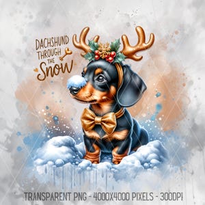 Teckel dans la neige PNG, mignon chiot de Noël portant des cliparts bois, chien Coquette noeud hiver neige JPEG, téléchargement numérique festif