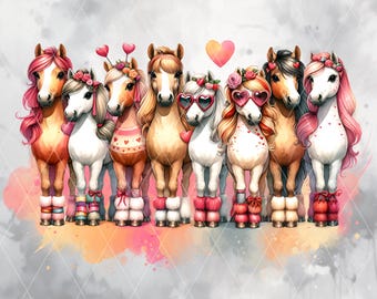 Caballos de San Valentín PNG, linda ilustración de caballo, arte de poni de San Valentín imprimible, caballo JPG, diseño de sublimación, descarga digital