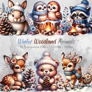 May include: A set of 20 winter woodland animal illustrations. The illustrations feature a variety of animals, including a rabbit, owls, a raccoon, a deer, and a bear. The animals are all wearing winter clothing and are set against a snowy background. The illustrations are perfect for use in a variety of projects, such as scrapbooking, card making, and digital design.