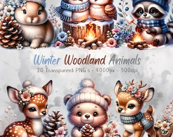 Paquete PNG de animales del bosque de invierno, imágenes prediseñadas de animales bebés bohemios, arte de invierno imprimible, descarga digital