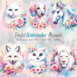 15 PNG art animalier pastel, Clipart aquarelle florale avec un arrière-plan transparent, beaux animaux en téléchargement numérique