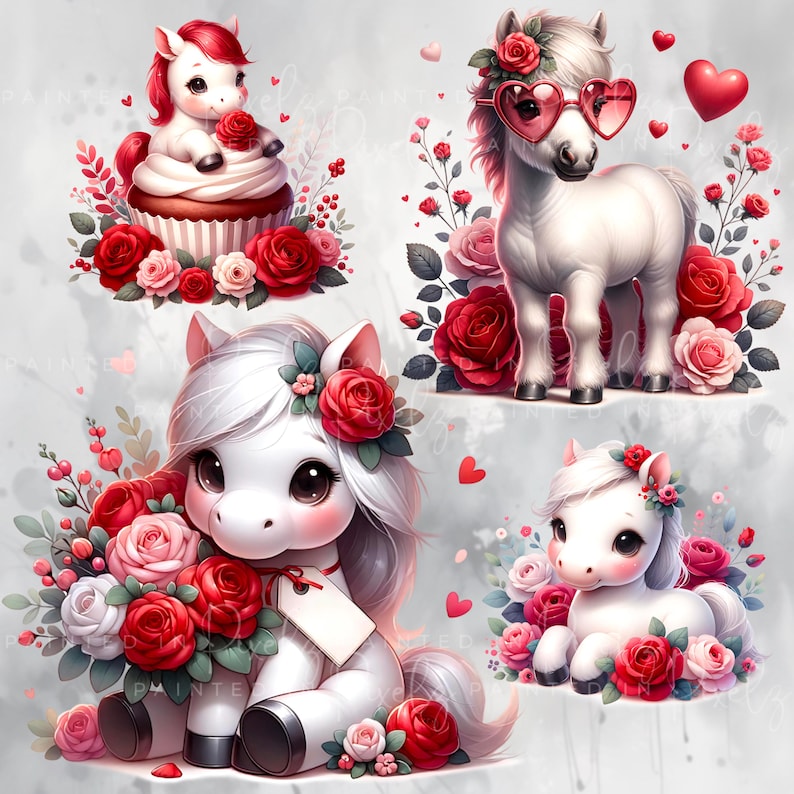 Ponies Roses Horse Clipart PNG Bundle, Valentine’s Horse PNG, Cute Ponies Art ...