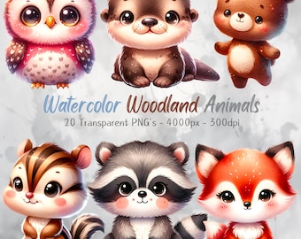 Paquete PNG de animales del bosque en acuarela, imágenes prediseñadas de animales bebés bohemios, lindos animales del bosque para imprimir, descarga digital