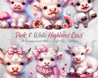 Cute Highland Cow Clipart, Pastel Pink & White Highland Cow PNG Bundle, Highland Cows With Flowers, Watercolor Clipart Bundle, Cute Cow Art