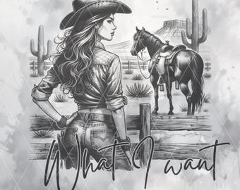 Vaquera occidental PNG, hago una cosa llamada lo que quiero PNG, arte digital estético de vaquero, sublimación del salvaje oeste, clipart de chica de campo