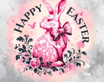 Conejito de Pascua rosa con lazo PNG, diseño floral de Pascua feliz JPG, clipart PNG de 4000 px para sublimación, descarga digital de Pascua