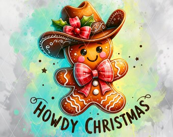 Howdy Christmas PNG, Western Lebkuchenmann Festliche Clipart, Aquarell Weihnachten Cowboy JPEG, Transparenter Hintergrund Digital Download
