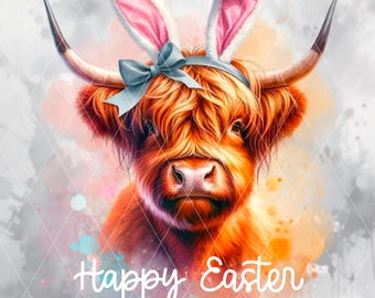 Clipart de Pascua de vaca de las tierras altas con orejas de conejo y lazo, linda vaca PNG, divertida acuarela PNG para sublimación y manualidades, descarga digital