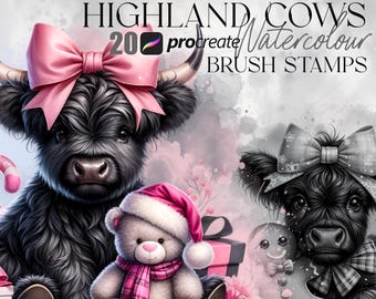 Aquarel kerst Highland Cow-stempelset voor Procreate | 20 feestelijke stempels | Digitale download