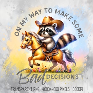 En camino a tomar algunas malas decisiones PNG, mapache montando a caballo JPG, cita sarcástica para adultos, lindo mapache clipart, descarga digital
