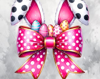 Lazo de Pascua rosa con orejas de conejo y huevos, clipart digital de lunares PNG para manualidades, sublimación y decoraciones, lindo arte imprimible de Pascua