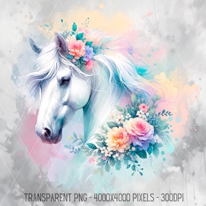 Pastel cheval aquarelle Art PNG, bel Art floral équin JPG, 4000 px 300 dpi Clipart Digital Download