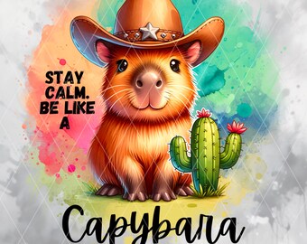 Capibara vaquera PNG, lindo arte animal occidental JPG, cita para mantener la calma, divertida capibara imprimible, afirmación positiva PNG, descarga digital