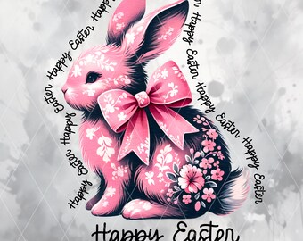 Clipart de conejito de Pascua floral rosa con lazo, texto de feliz Pascua, diseño digital PNG para sublimación y manualidades, descarga digital de Pascua