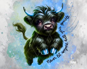 Nunca dejes que nadie opaque tu brillo PNG, vaca de las tierras altas PNG clipart, diseño de sublimación de vaca azul brillante, descarga digital de toro de las tierras altas