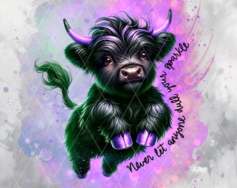 Vaca de las tierras altas PNG Clipart, Vaca púrpura brillante Sublimación, Cita inspiradora PNG, Arte de animales de granja imprimible, Descarga digital por sublimación
