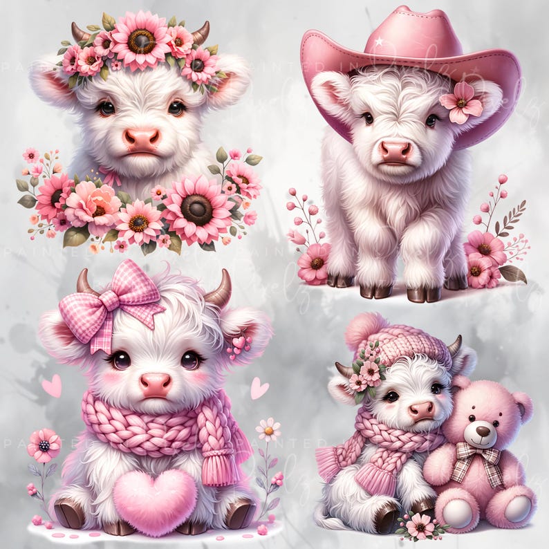 Cute Highland Cow Clipart, Pastel Pink & White Highland Cow PNG Bundle ...