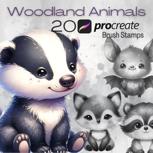 Peut inclure: Un ensemble de 20 tampons de pinceau Procreate représentant de mignons animaux de la forêt, dont un blaireau, une chauve-souris, un renard et un raton laveur. Les animaux sont dessinés dans un style cartoon avec de grands yeux et des traits doux.