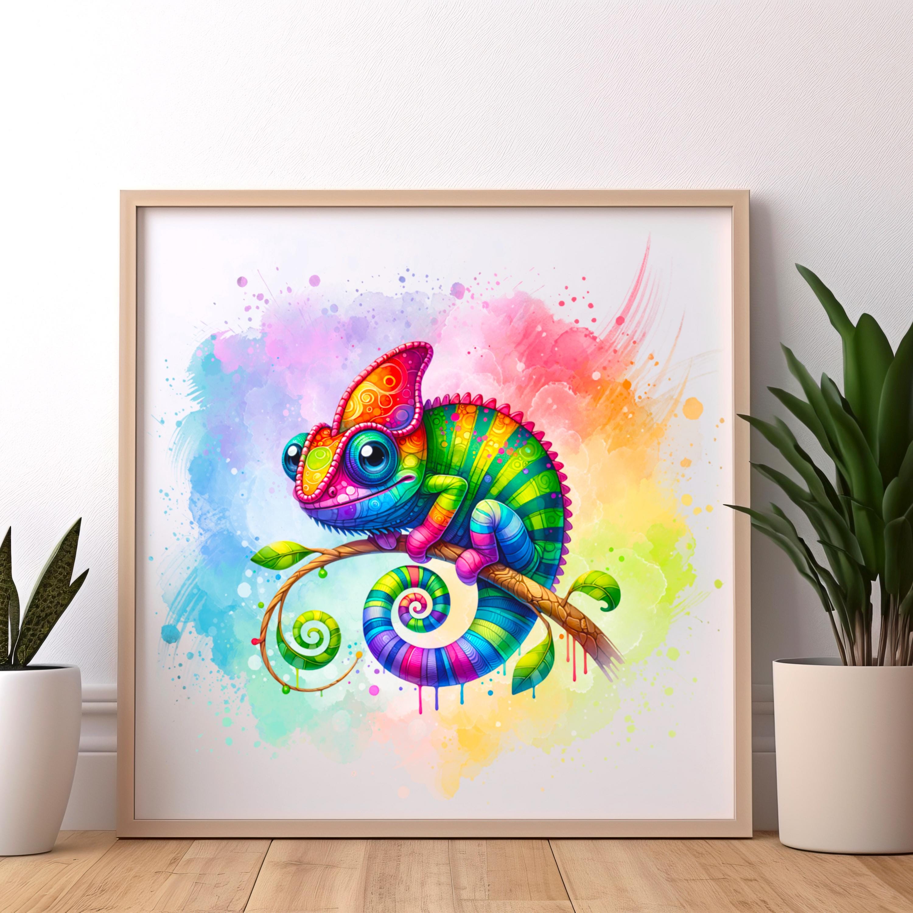 Vibrant Rainbow Chameleon PNG, Digital Watercolor Reptile Art