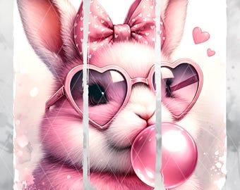 Pink Easter Bunny PNG with Heart Sunglasses & Coquette Bow, Cute Bubblegum Rabbit Clipart for Sublimation and Crafts, Bubble Bunny JPG