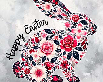 Conejito de Pascua floral PNG, Feliz Pascua Descarga digital - Arte de conejo de primavera, Decoración de Pascua bohemia imprimible, 4000 px 300 DPI