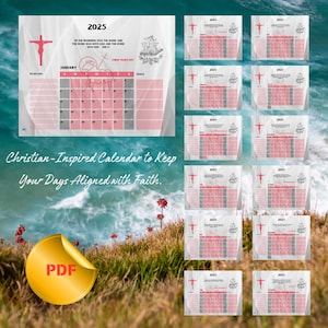 Calendario cristiano mensual 2025 / Descarga digital / Diseño inspirado en la fe con versículos bíblicos / Planificador imprimible en tamaño carta de EE. UU.