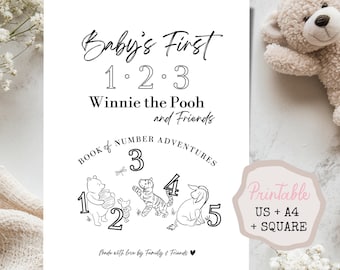 Winnie the Pooh Babys First 123 Guest Activity Book, Baby Shower Number Coloring Keepsake, Printable PDF (US Letter & A4) Instant Download