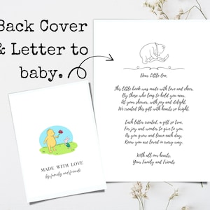 May include: Two white cards with text and illustrations. One card has a Winnie the Pooh illustration and the words "MADE WITH LOVE by family and friends." The other card has a poem and a bear illustration.
