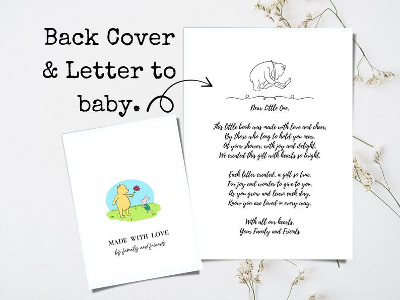 May include: Two white cards with text and illustrations. One card has a Winnie the Pooh illustration and the words "MADE WITH LOVE by family and friends." The other card has a poem and a bear illustration.