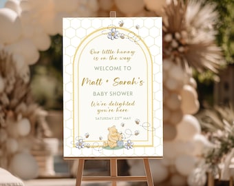 Letrero de bienvenida de Winnie the Pooh, el pequeño hunny - Letrero clásico de Pooh para baby shower, plantilla de Canva neutra, descarga instantánea