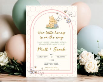 Winnie the Pooh Little Hunny Baby Shower Girl Invitation – Honey Baby Shower Classic Pooh Invite, Light Pink Canva Template