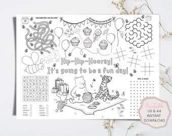 Winnie the Pooh Party Activity Placemat: Maze, Coloring, Games (US + A4 Instant Download)