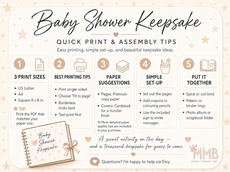 May include: A beige baby shower keepsake guide with text and illustrations. The guide includes printing tips, paper suggestions, and assembly instructions. It features a spiral-bound keepsake book with a bow.