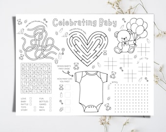 Teddy Bear Baby Shower Kids Activity Placemat: Coloring Page & Games (US + A4 Digital Download)