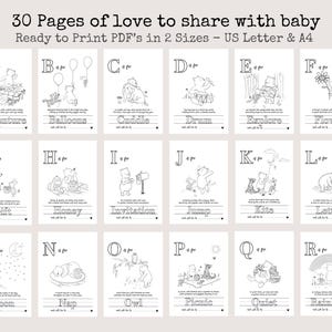 May include: A printable PDF featuring 30 pages of Winnie the Pooh-themed illustrations, each representing a letter of the alphabet. The pages are designed for sharing with a baby and are available in US Letter and A4 sizes.