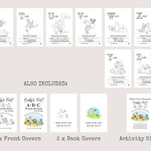 May include: A collection of Winnie the Pooh themed coloring pages and book covers. The pages feature illustrations of characters and words like "Swing", "Tigger", and "Umbrella". Also included are front and back covers, and an activity sign.