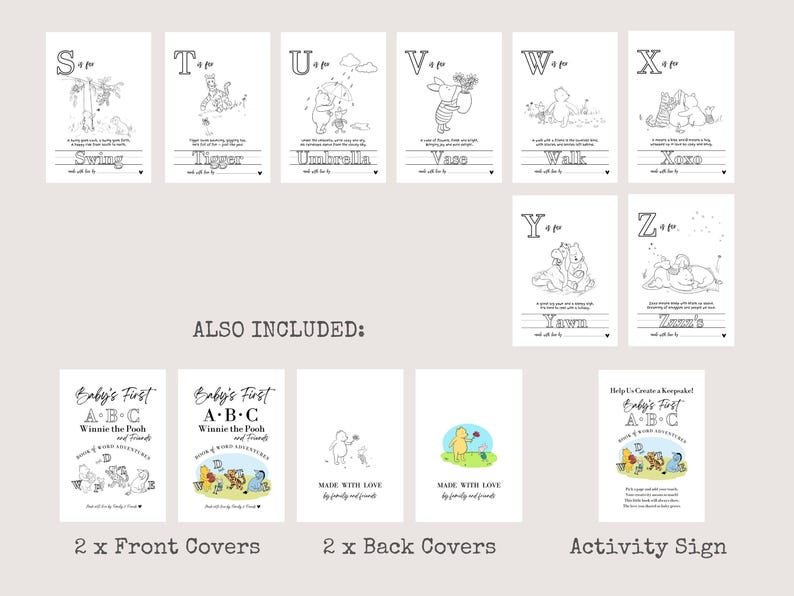 May include: A collection of Winnie the Pooh themed coloring pages and book covers. The pages feature illustrations of characters and words like "Swing", "Tigger", and "Umbrella". Also included are front and back covers, and an activity sign.