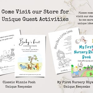 May include: Image features a collection of children's books with titles like "Baby's First Collection" and "My First Nursery Rhyme Book." The books have illustrations and text, with the phrase "Unique Keepsake" below each. The image also includes the text "Come Visit our Store for 6 Unique Guest Activities."