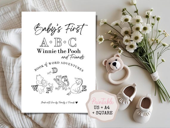 Winnie the Pooh ABC First Word Book: Baby Shower Coloring Activity Guest Book (Instant Download)