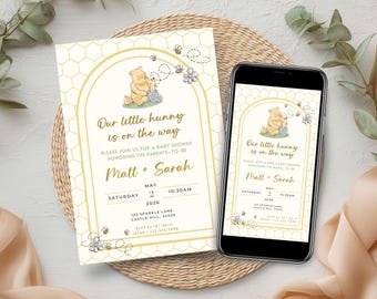Winnie the Pooh Little Hunny Invite - Honey Baby Shower Classic Pooh Invitation, Neutral Canva Template, Digital & Phone Evite