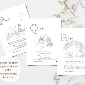 May include: Three Winnie the Pooh-themed art prints with the letters P, Q, and R. Each print features a different word: Picnic, Quiet, and Rainbow, along with related illustrations. The prints are black and white and feature the text "Unique Winnie Inspired Words with Heartwarming Artwork."