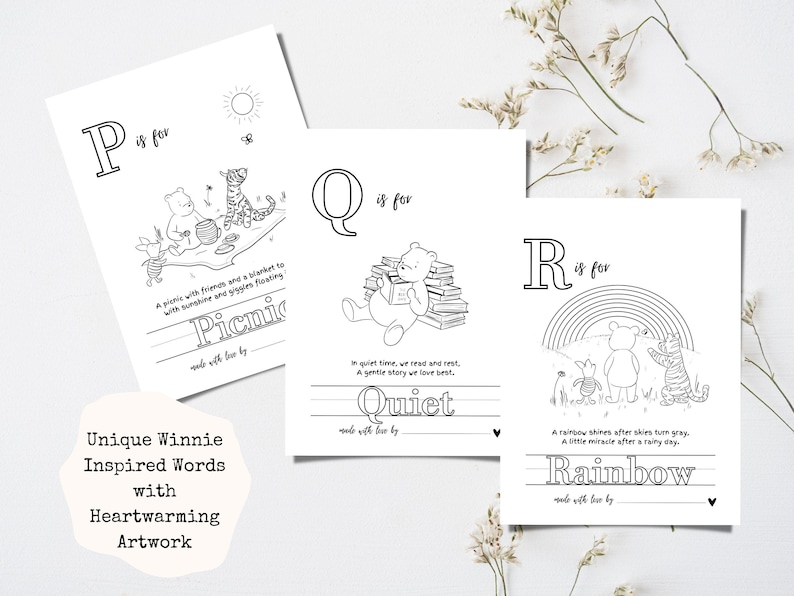 May include: Three Winnie the Pooh-themed art prints with the letters P, Q, and R. Each print features a different word: Picnic, Quiet, and Rainbow, along with related illustrations. The prints are black and white and feature the text "Unique Winnie Inspired Words with Heartwarming Artwork."