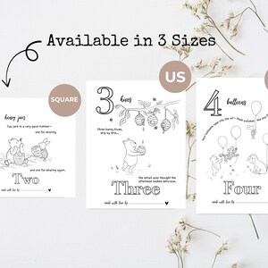 May include: Black and white illustrations of Winnie the Pooh characters with numbers 2, 3, and 4. Each image has a different scene with text. The text includes the words "honey jars", "hives", and "balloons". The images are available in three sizes.