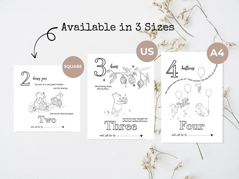 May include: Black and white illustrations of Winnie the Pooh characters with numbers 2, 3, and 4. Each image has a different scene with text. The text includes the words "honey jars", "hives", and "balloons". The images are available in three sizes.