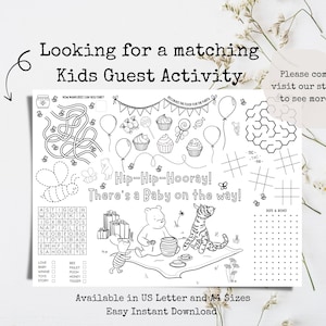 May include: Black and white kids' guest activity sheet with Winnie the Pooh characters, mazes, and games. Includes text: "Hip-Hip-Hooray! There's a Baby on the way!" and "Looking for a matching Kids Guest Activity". Available in US Letter and A4 sizes.