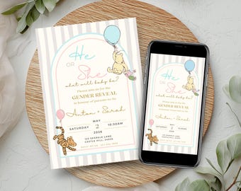 Winnie the Pooh He or She Gender Reveal Invitation – Neutral Stripe Baby Reveal Canva Template, Digital & Phone Invite